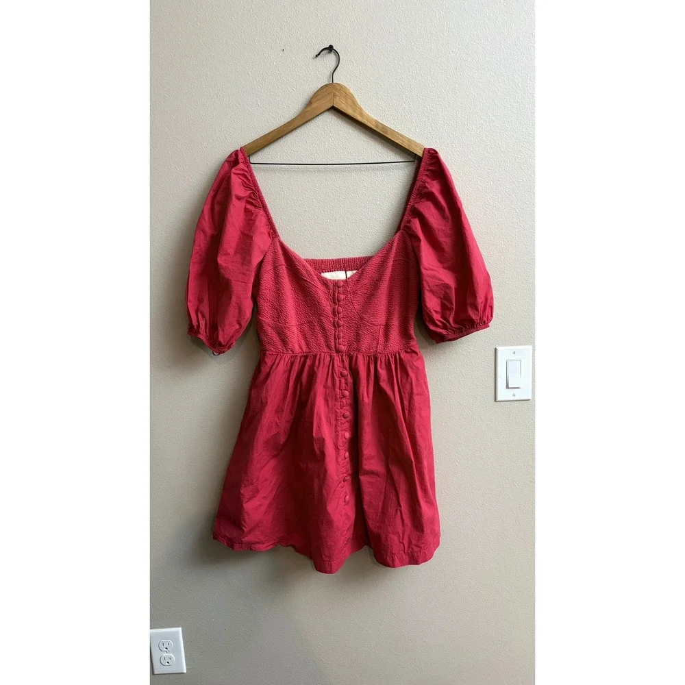 Maeve Anthropologie Mini Dress Medium Pink Puff Sleeve Smocked Babydoll Cotton